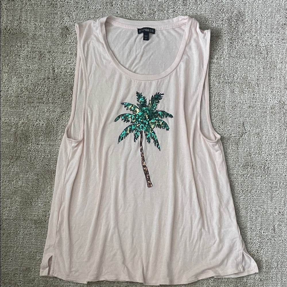 Express Light Pink Palm Tree Muscle Tee